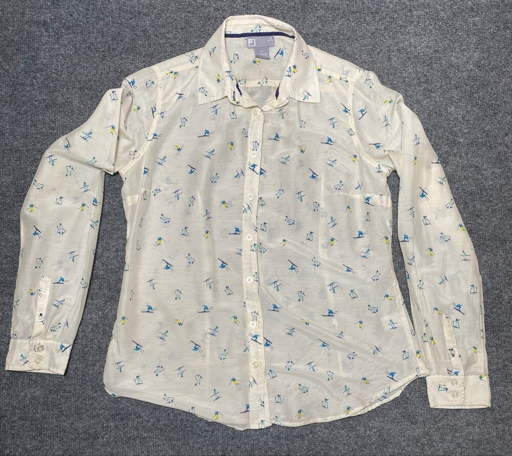 Vtg 90s JCP Shirt Womens M White Silk Button Down Skier Print Winter Après Ski